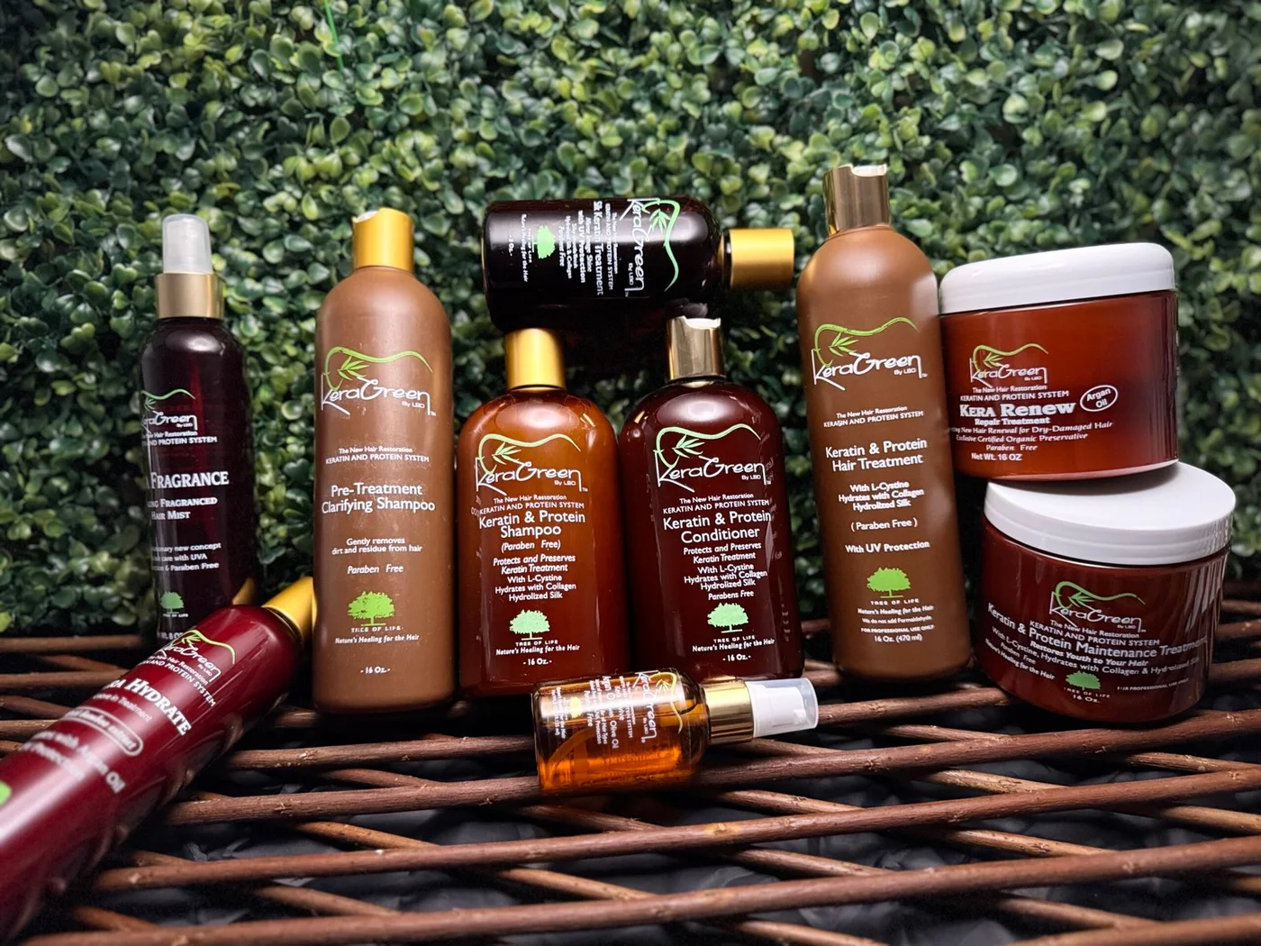 KeraGreen hair treatments, shampoo, conditioner and aftercare collection